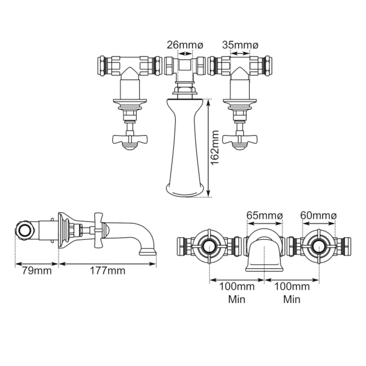Hurlingham Wall Mounted Bath Filler (3 Holes)