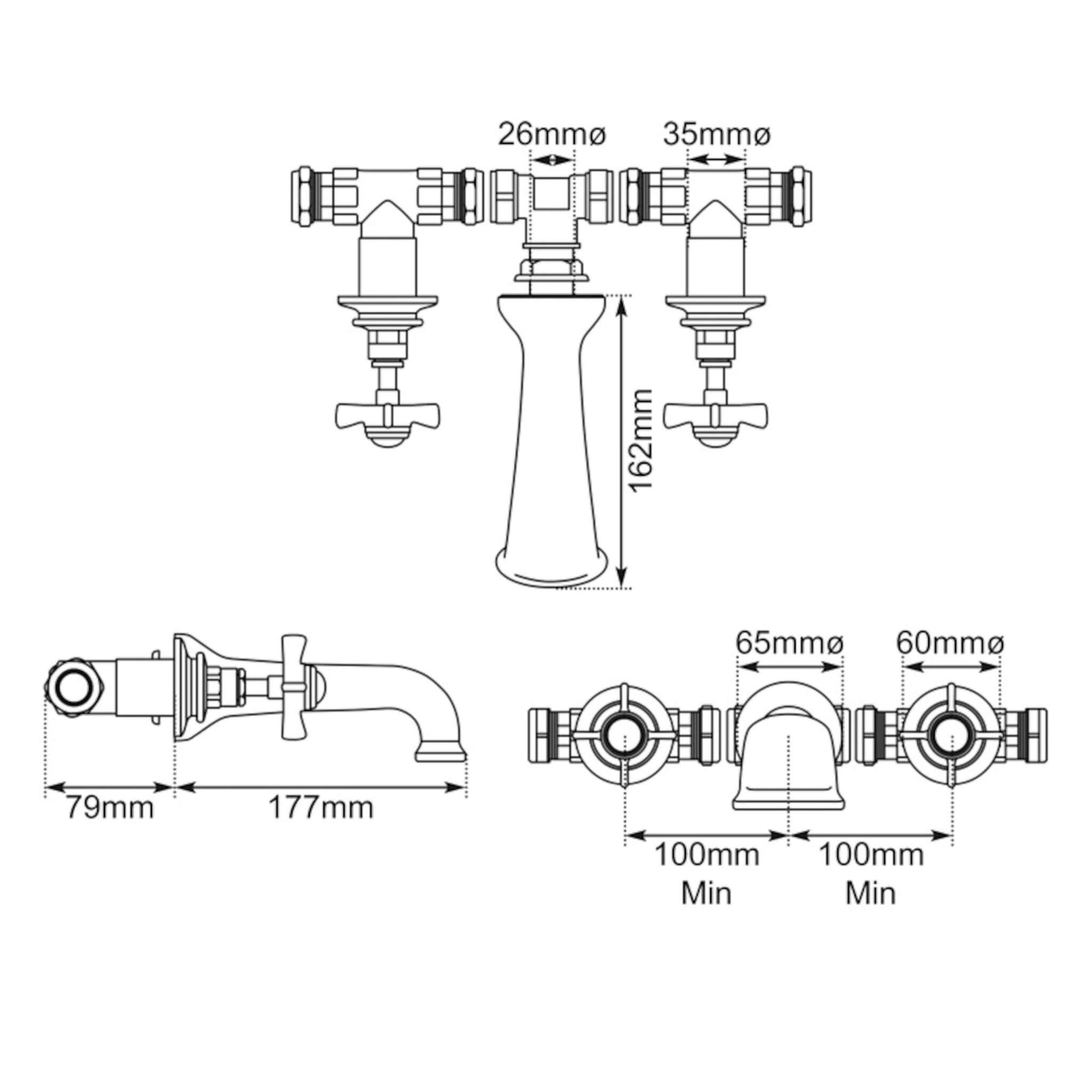 Hurlingham Wall Mounted Bath Filler (3 Holes)